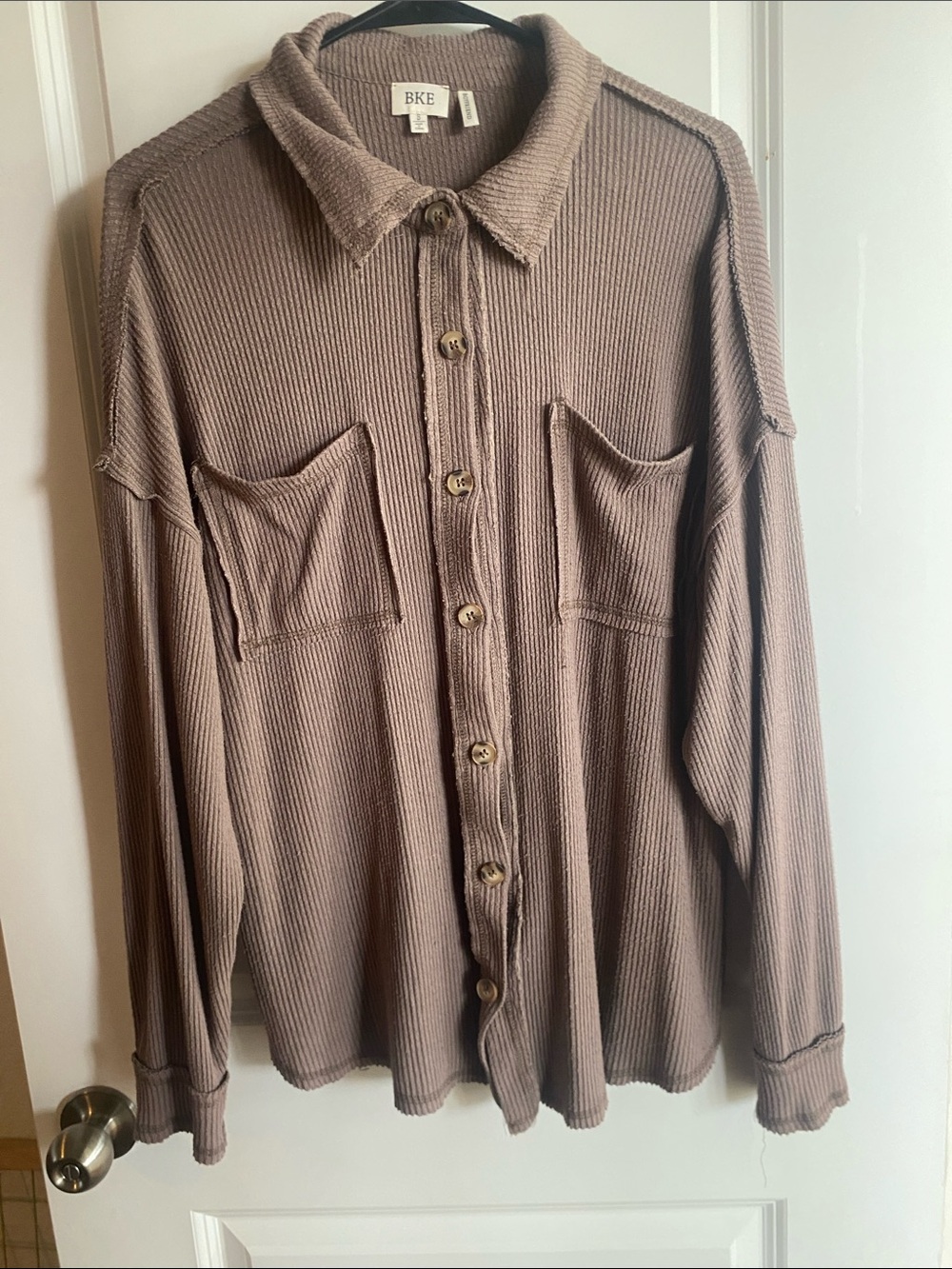 BKE Ribbed Button-Up Shirt in Taupe